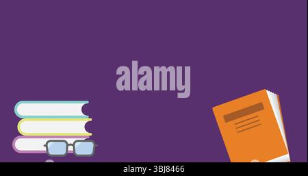 Displaying stacked pastel books with eyeglasses and open orange book on purple canvas, copy space Stock Photo