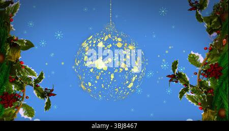 Hanging yellow-splatter ornament in blue sky, holly branches bearing berries, snowflakes, ribbons Stock Photo