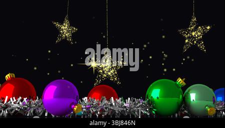 Displaying colorful Christmas baubles in silver tinsel on shelf, with hanging golden star ornaments Stock Photo