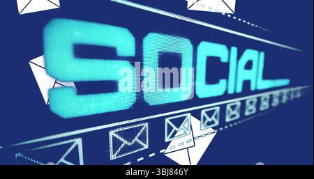 Displaying pixelated SOCIAL text floating on digital interface, with envelope icons, dashed lines Stock Photo