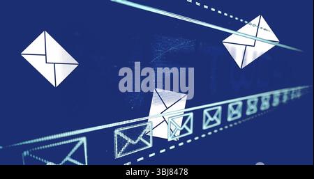 Moving white envelope cluster flowing along neon dotted lines in network map, showing data flow Stock Photo