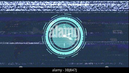 Displaying futuristic circular clock interface on glitchy static background, with rotating hands Stock Photo