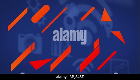 Displaying red and orange geometric shapes floating on deep blue canvas, with technology icons Stock Photo