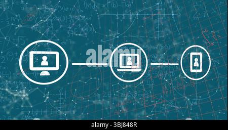 Displaying desktop, laptop, smartphone icons in white circles against teal grid, with math formulas Stock Photo