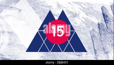 Featuring dark blue and white-outlined triangles on paint-like backdrop, with red badge showing 15 Stock Photo
