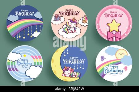 Unicorn birthday circle sticker clipart set. Happy birthday greeting text in colorful magical background for t shirt print and patch logotype clipart Stock Vector