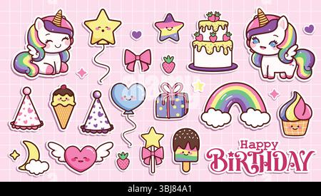 Birthday elements sticker clipart set. Happy birthday text, unicorn character, cake, ice cream, party hat, gift box, cake and rainbow magical elements Stock Vector
