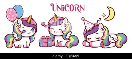 Unicorn birthday character clipart set. Cute pony for magical birthday party decoration elements clip art collection with balloons, gift box and party Stock Vector