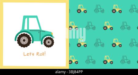 Tractor cartoon seamless pattern. Hand drawn retro farmer or builder car automobile endless boundless background design. Simple funny auto transport comic repeat print wallpaper vector illustration Stock Vector