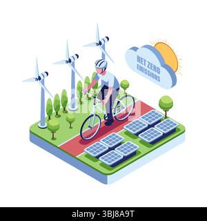Isometric Cyclist Riding Through a Net Zero Emissions Environment Surrounded by Wind Turbines Solar Panels. Net Zero Emissions and Sustainable Energy Stock Vector