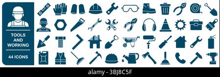 Tools and working safety icons set. Repair, handyman, fixing, work, safety gears, tool logo, icon, sign collection. Vector illustration image. Isolate Stock Vector