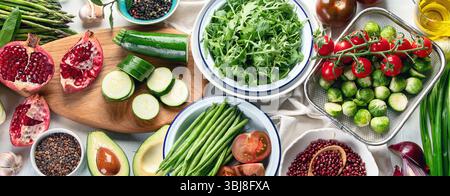 Seasonal vegetarian, vegan cooking ingredients. Healthy food background. Top view. Stock Photo