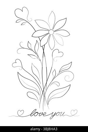 Bouquet of flowers in rustic style. Romantic greeting card with flowers and hearts. Folk floral print and embroidery pattern. Monochrome black graphic Stock Vector