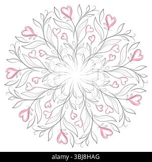 Bouquet of flowers and pink hearts. Romantic round pattern with flowers and leaves. Graceful floral mandala decor. Monochrome black graphic design of Stock Vector