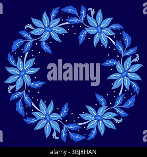 Blue wreath of flowers and leaves. Calm cozy winter mandala. Flowers in shadows of blue on dark blue background. Romantic graceful floral illustration Stock Vector