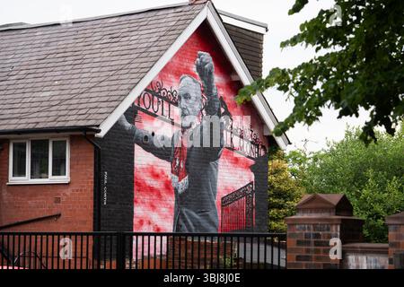 A mural of former Liverpool manager Bill Shankly, created by artist Paul Curtis seen near Anfield Stadium in Liverpool Stock Photo