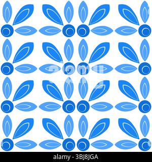 Blue floral seamless pattern. Shades of blue flowers on white background. Folklore spring background of square elements. Repetitive ornament for wallp Stock Vector