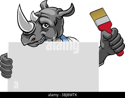 Rhino Painter Decorator Paint Brush Mascot Man Stock Vector