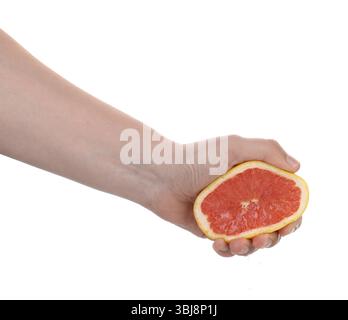 Woman squeezing grapefruit on white background, closeup Stock Photo