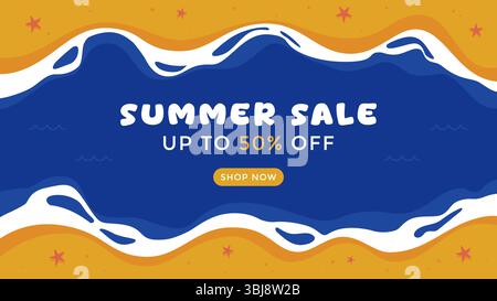 Summer sale banner background with top view beach and starfish Stock Vector