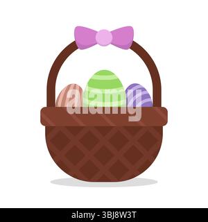 Easter basket with colorful eggs and pink ribbon isolated on white background Stock Vector