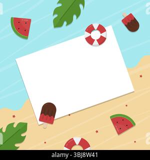 Summer copy space with blank paper for text on top view beach with ice cream, leaf, watermelon, and ring buoy Stock Vector