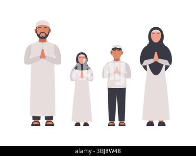 Muslim family doing greeting gesture flat illustration isolated on white background suitable for Islamic event celebration elements Stock Vector