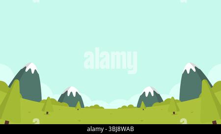 Flat illustration of a meadow with a bright blue sky and surrounded by hills and shrubs Stock Vector