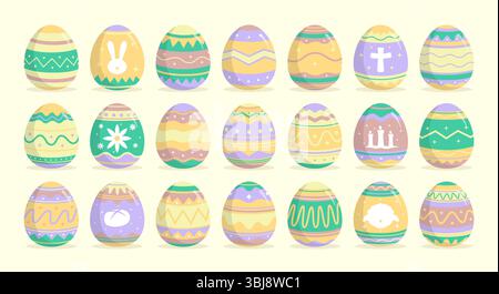 Colorful pastel Easter eggs illustration set with flat and cute design on bright yellow background Stock Vector