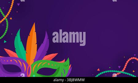 Purple Mardi Gras carnival template with some empty space, mask, feather, and bead on purple background Stock Vector