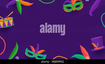 Purple Mardi Gras carnival template with some empty space, mask, feather, and bead on purple background Stock Vector