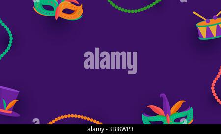 Purple Mardi Gras carnival template with some empty space, mask, feather, and bead on purple background Stock Vector