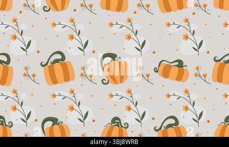 Autumn seamless pattern with pumpkin and some floral on bright background Stock Vector