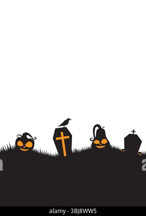 Silhouette Halloween template background with copy space for text. black Halloween background with pumpkin and graveyard Stock Vector