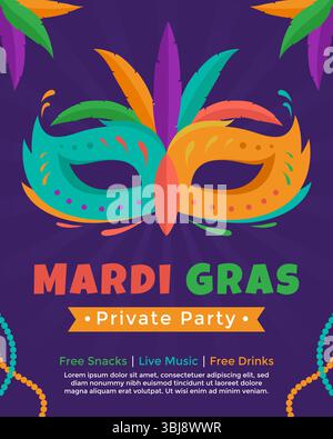 Colorful Mardi Gras poster template with feathers and mask Stock Vector