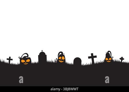 Silhouette Halloween template background with copy space for text. black Halloween background with pumpkin and graveyard Stock Vector