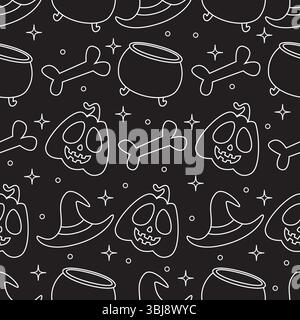 Black and white Halloween pattern with skulls, pumpkins, and a witch's hat. Halloween outline seamless pattern on black background Stock Vector