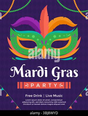 Colorful Mardi Gras poster template with feathers and mask Stock Vector