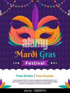 Colorful Mardi Gras poster template with feathers and mask Stock Vector