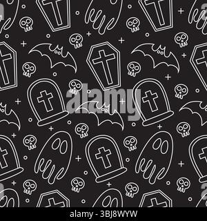 Black and white Halloween pattern with skulls, pumpkins, and a witch's hat. Halloween outline seamless pattern on black background Stock Vector