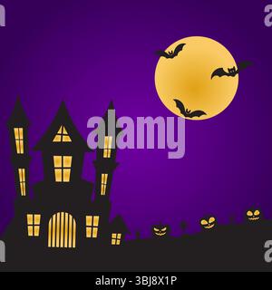 Halloween gradient template with haunted house and pumpkin on purple night background Stock Vector