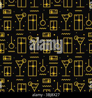 Golden new year theme seamless pattern on black background. black and yellow new year party pattern Stock Vector