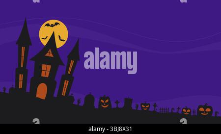 Halloween silhouette flat illustration with haunted house and scary purple night sky Stock Vector