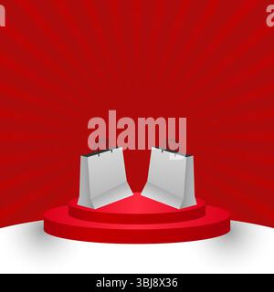 Red and white podium sale template background with shopping bag Stock Vector