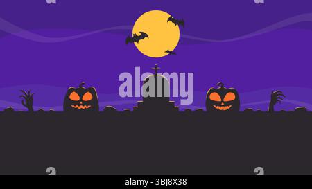 Halloween background with silhouette of pumpkin, zombie's hand, and gravestone on purple night sky with full moon and bats Stock Vector