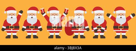 Set of cute Santa Claus flat illustration isolated on orange background. Santa illustration pack with happy and cute expression Stock Vector