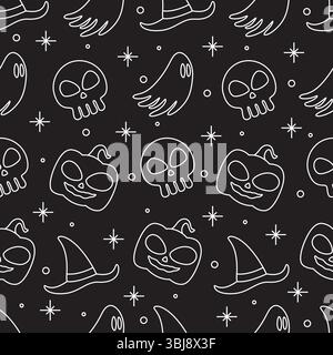 Black and white Halloween pattern with skulls, pumpkins, and a witch's hat. Halloween outline seamless pattern on black background Stock Vector
