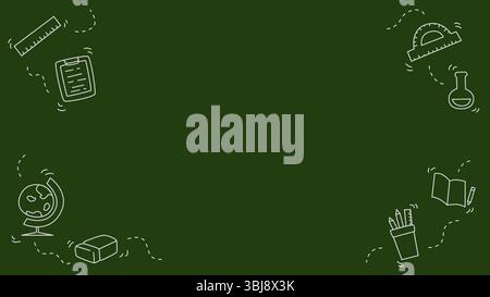 School green chalkboard template background illustration with hand drawn school supplies and copy space Stock Vector