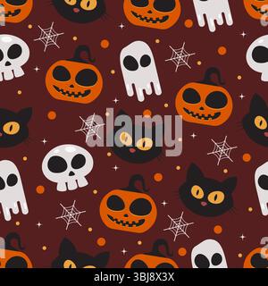 Halloween seamless pattern with ghost, pumpkin, skull, and cat perfect for wrapping paper. Cute Halloween pattern illustration Stock Vector