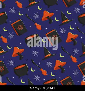 Halloween witch seamless pattern flat illustration on dark blue background Stock Vector